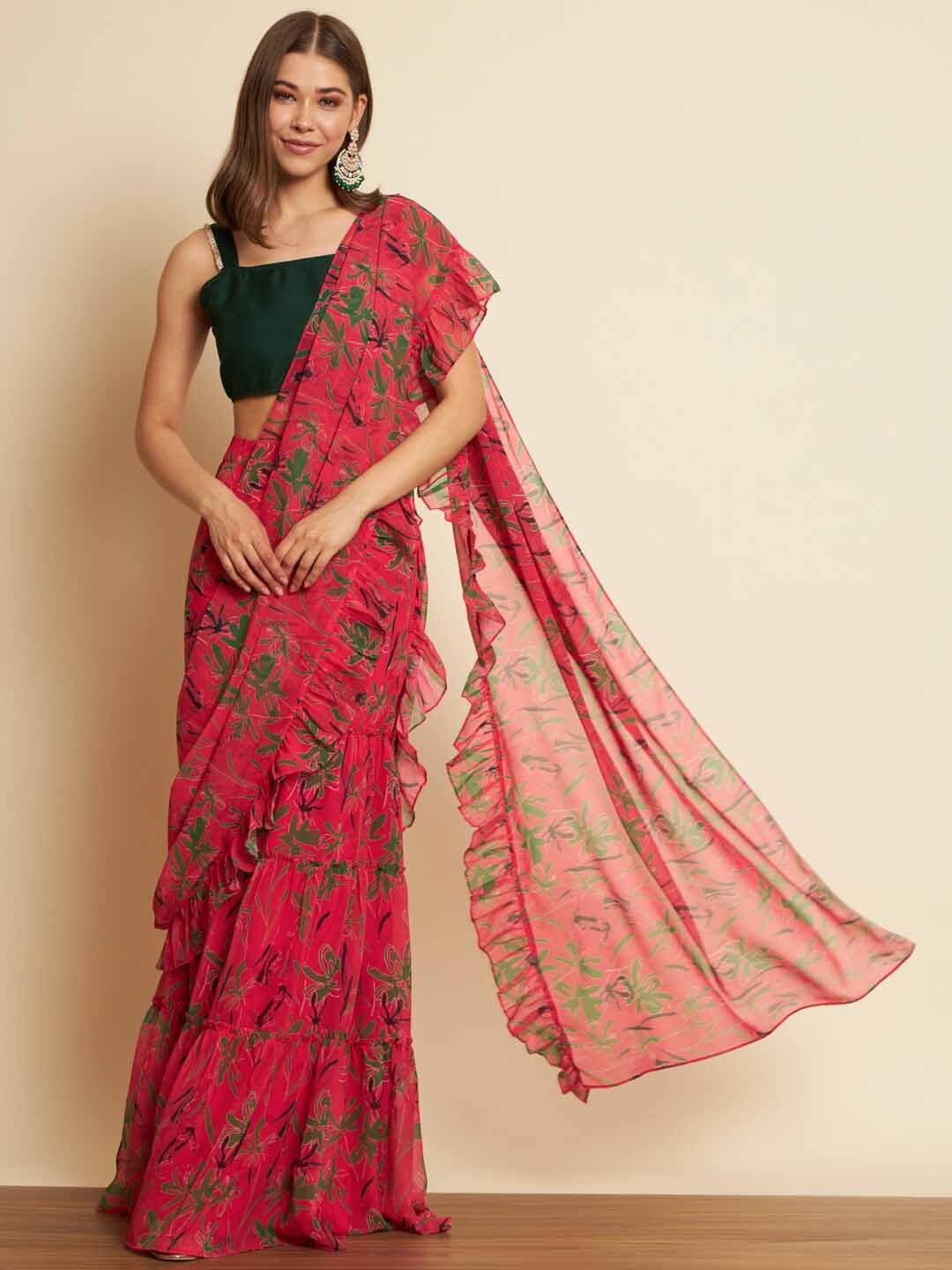 

THE FAB FACTORY Floral Printed Ready to Wear Pure Georgette Saree, Pink