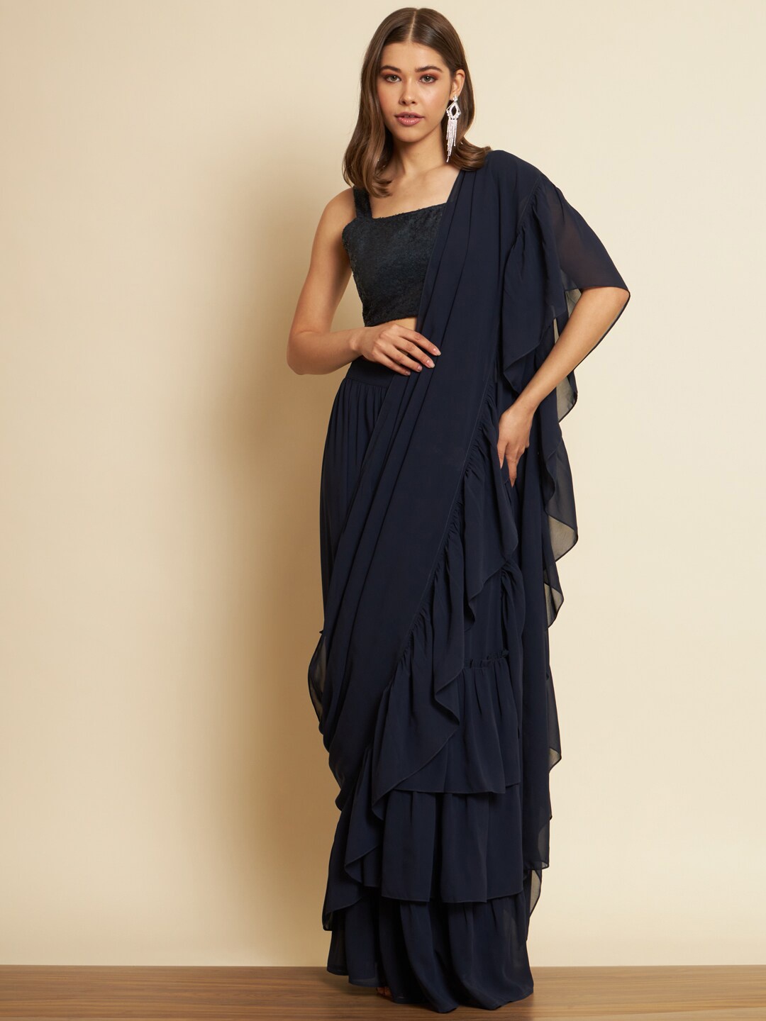 

THE FAB FACTORY Ready to Wear Pure Georgette Saree, Navy blue