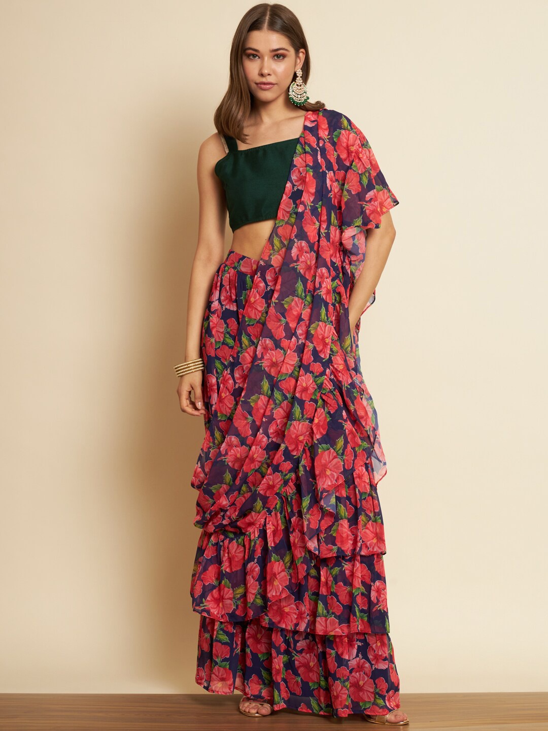 

THE FAB FACTORY Floral Printed Ready to Wear Pure Georgette Saree, Pink