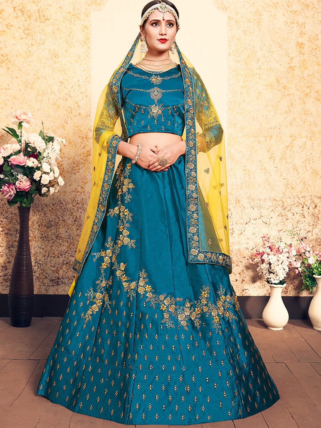 

ODETTE Embroidered Thread Work Semi-Stitched Lehenga & Unstitched Blouse With Dupatta, Teal