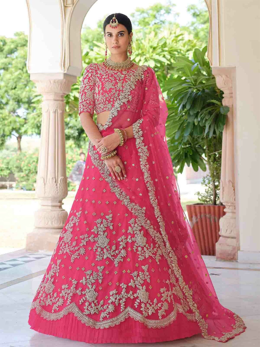 

ODETTE Embroidered Semi-Stitched Lehenga & Unstitched Blouse With Dupatta, Pink