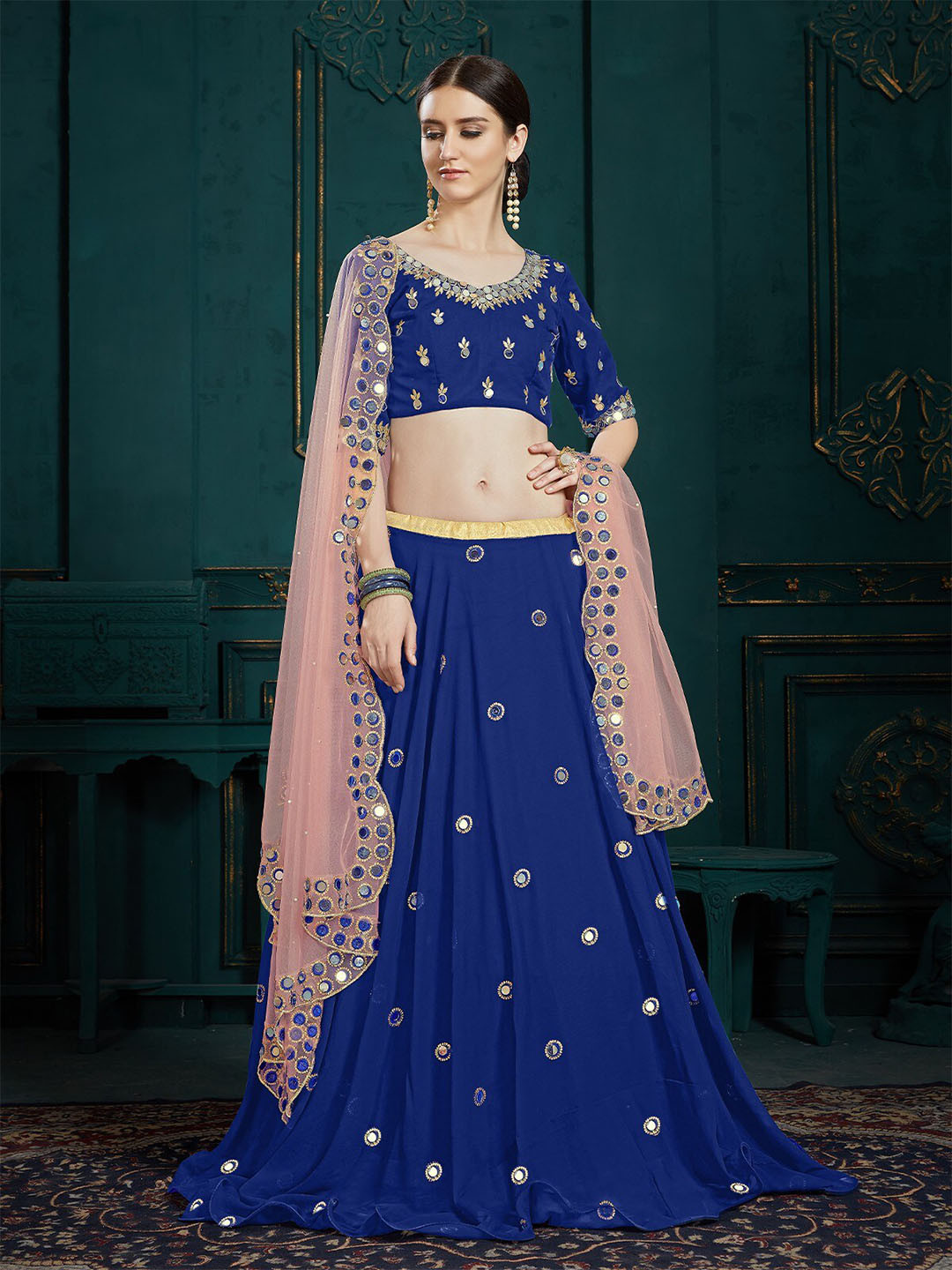 

ODETTE Embroidered Semi-Stitched Georgette Lehenga & Unstitched Blouse With Dupatta, Navy blue