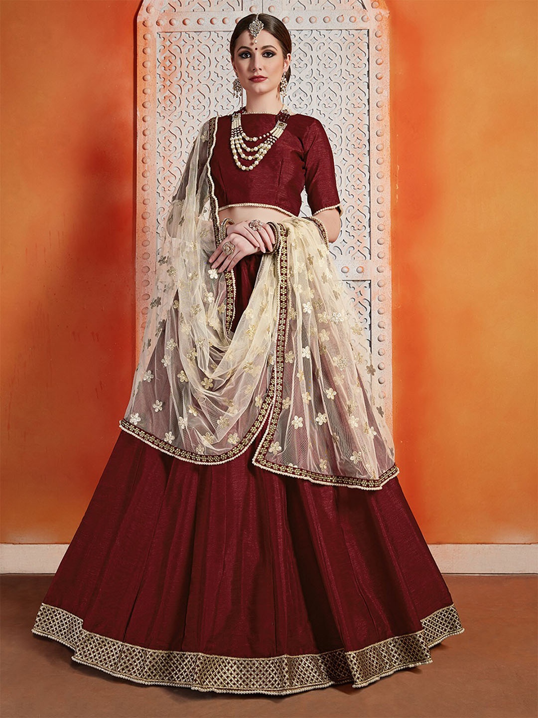 

ODETTE Sequinned Semi-Stitched Lehenga & Unstitched Blouse With Dupatta, Maroon