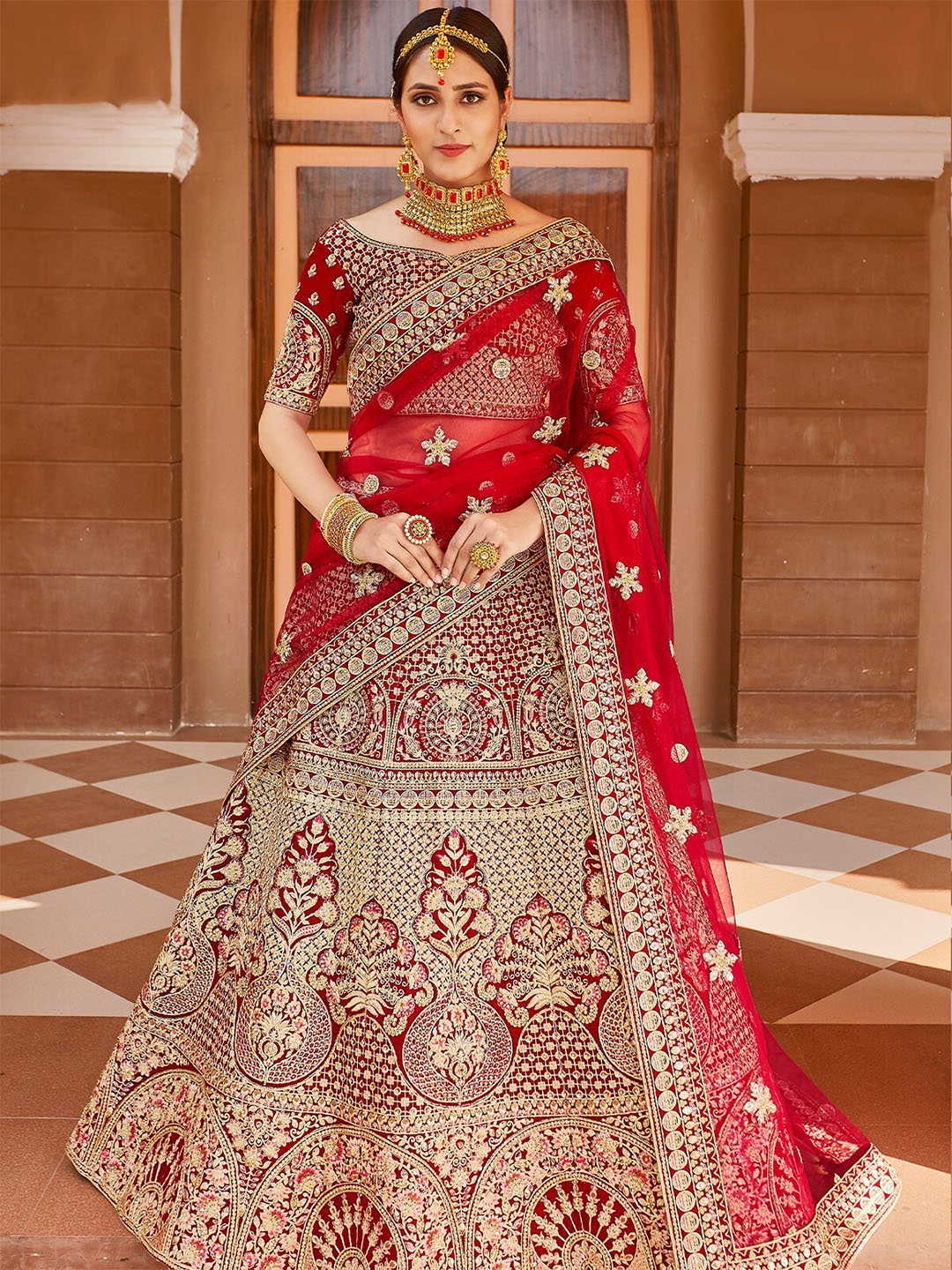 

ODETTE Embroidered Sequinned Velvet Semi-Stitched Lehenga & Unstitched Blouse With Dupatta, Red