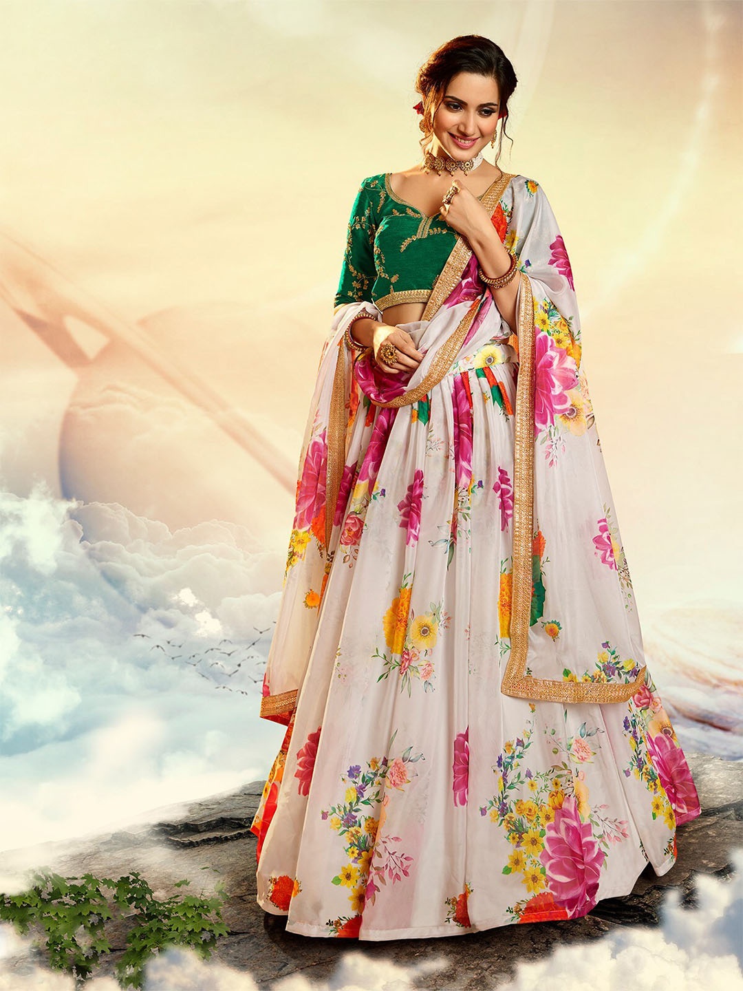 

ODETTE Floral Embroidered Sequinned Semi-Stitched Lehenga & Unstitched Blouse With Dupatta, White