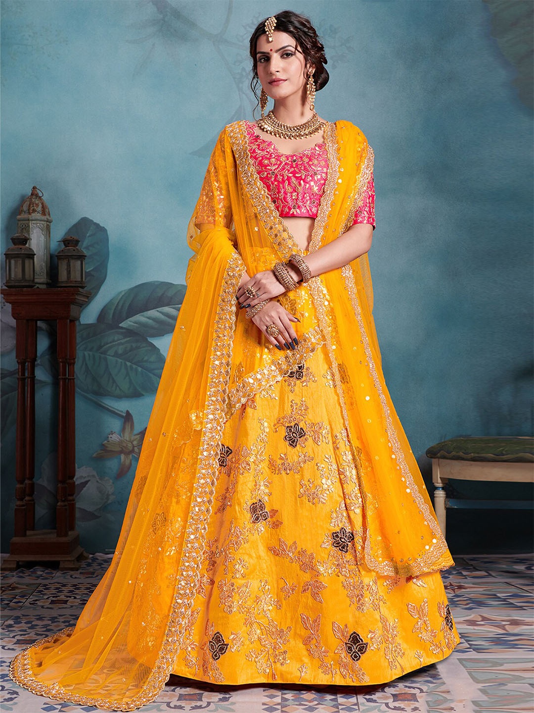 

ODETTE Embroidered Sequined Semi-Stitched Lehenga & Unstitched Blouse With Dupatta, Yellow