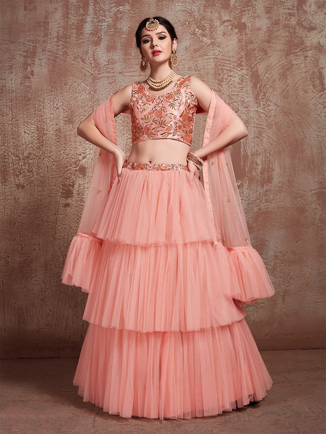 

ODETTE Floral Embroidered Beads and Stones Semi-Stitched Lehenga & Unstitched Blouse, Peach