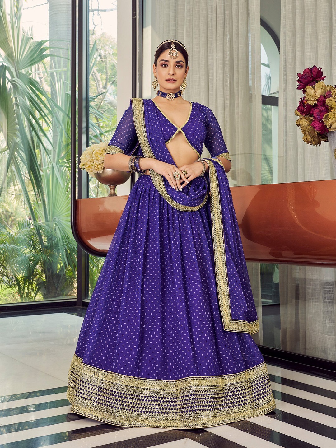 

ODETTE Bandhani Printed Semi-Stitched Lehenga & Unstitched Blouse With Dupatta, Blue