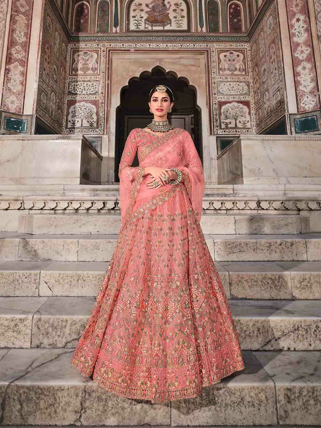 

ODETTE Floral Embroidered Semi-Stitched Lehenga & Unstitched Blouse With Dupatta, Peach