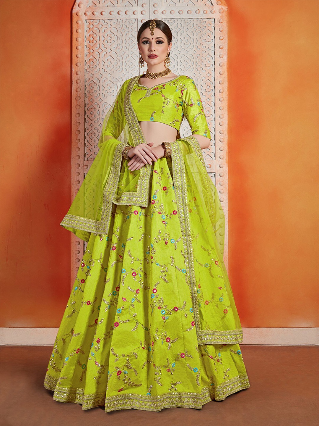 

ODETTE Floral Embroidered Sequined Semi-Stitched Lehenga & Unstitched Blouse With Dupatta, Green