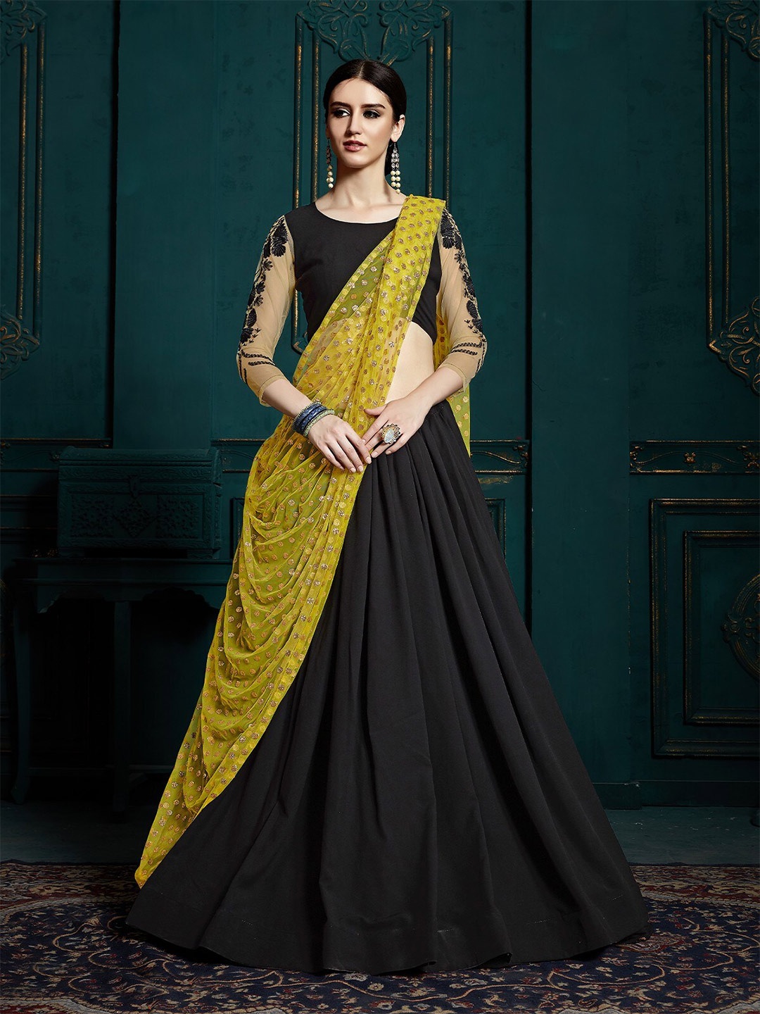 

ODETTE Embroidered Sequinned Semi-Stitched Lehenga & Unstitched Blouse With Dupatta, Black