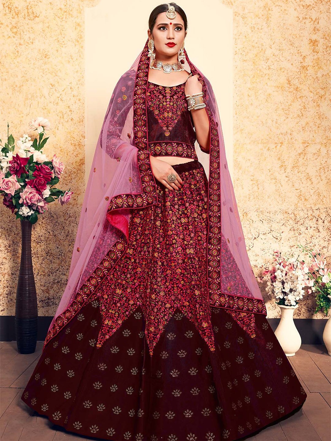 

ODETTE Embroidered Semi-Stitched Lehenga & Unstitched Blouse With Dupatta, Maroon