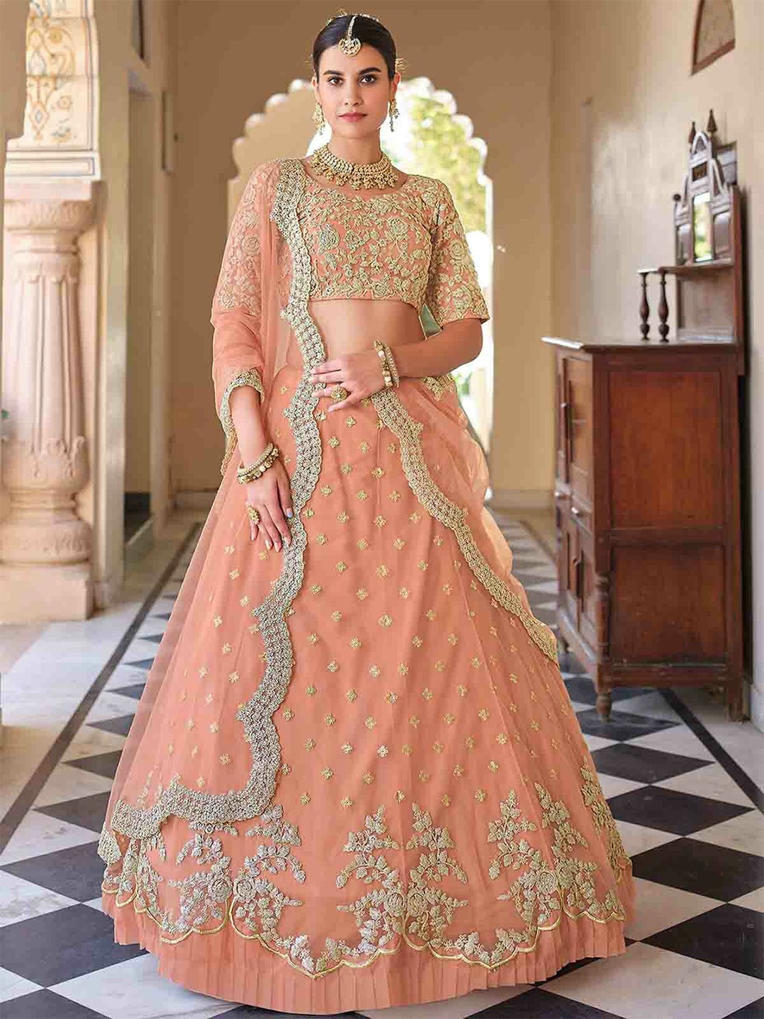 

ODETTE Embroidered Thread Work Semi-Stitched Lehenga & Unstitched Blouse With, Peach