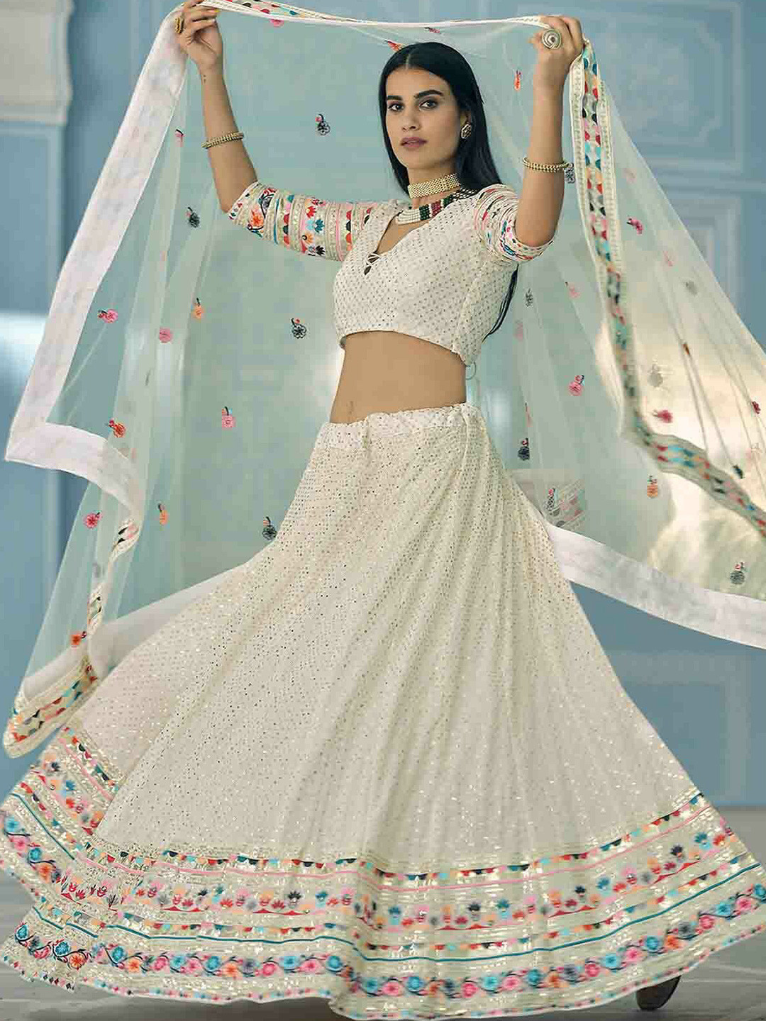 

ODETTE Embroidered Thread Work Semi-Stitched Lehenga & Unstitched Blouse With Dupatta, White