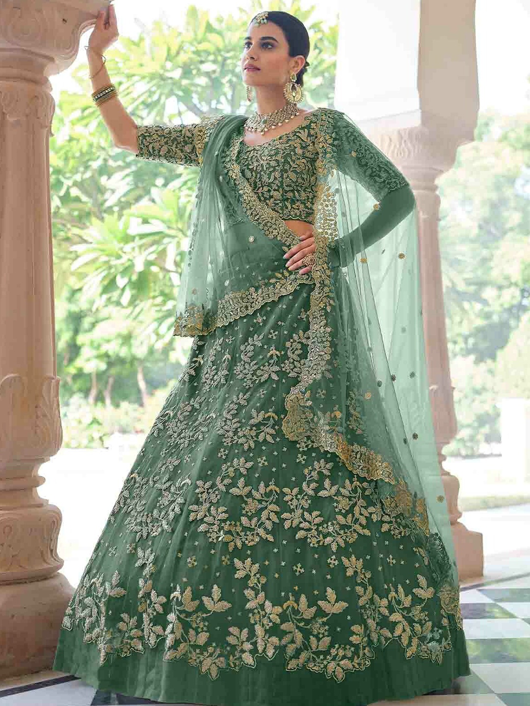

ODETTE Embellished Sequinned Semi-Stitched Lehenga & Unstitched Blouse With Dupatta, Green