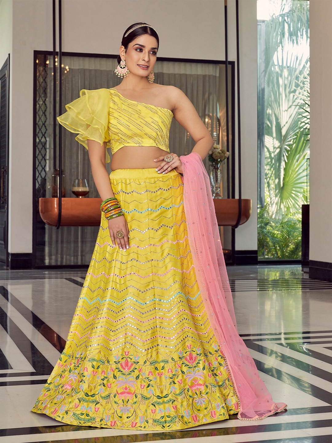 

ODETTE Embellished Mirror Work Semi-Stitched Lehenga & Unstitched Blouse With Dupatta, Yellow