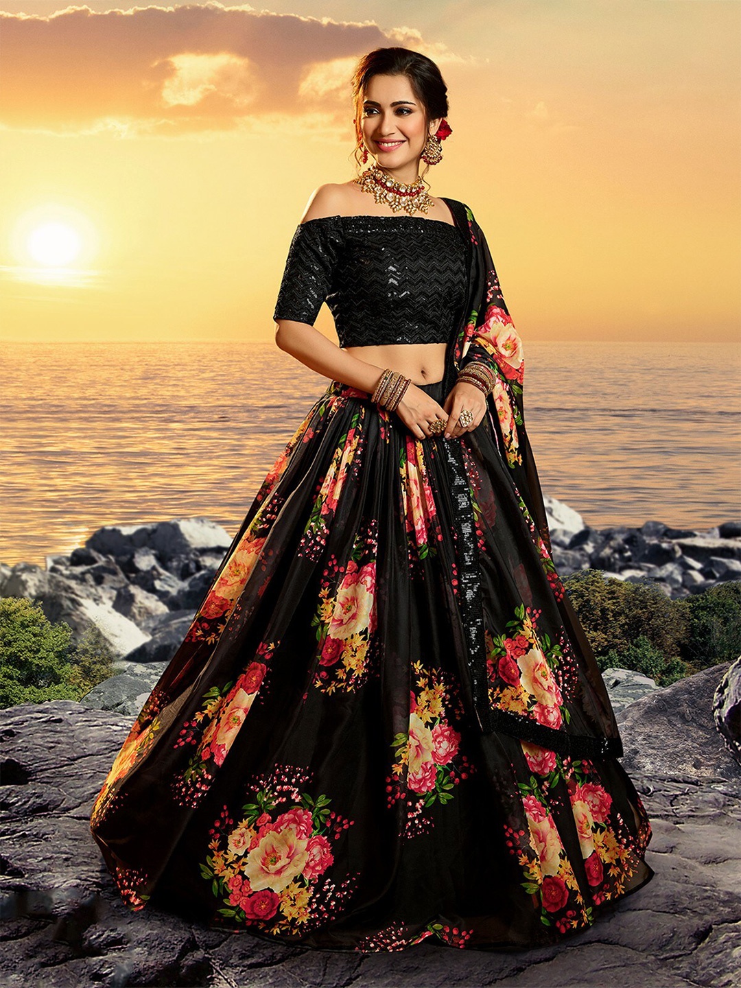 

ODETTE Embellished Sequinned Semi-Stitched Lehenga & Unstitched Blouse With Dupatta, Black