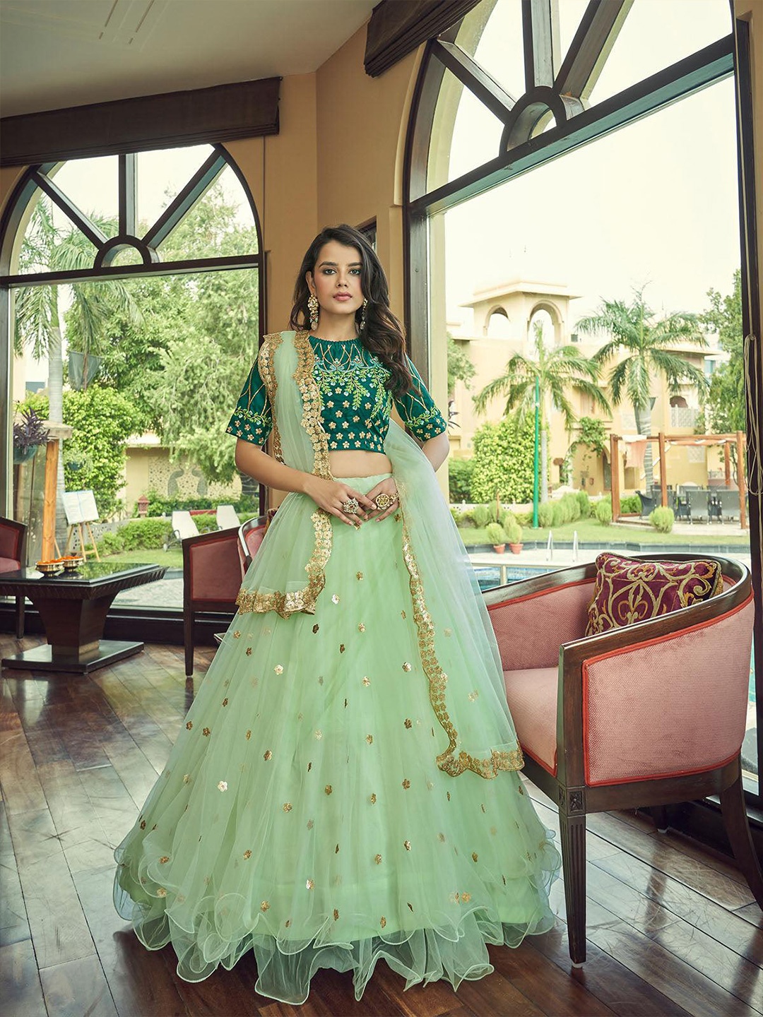 

ODETTE Embroidered Thread Work Semi-Stitched Lehenga & Unstitched Blouse With Dupatta, Green