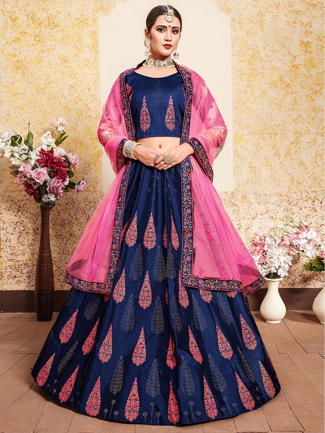 

ODETTE Embroidered Thread Work Semi-Stitched Lehenga & Unstitched Blouse With Dupatta, Navy blue