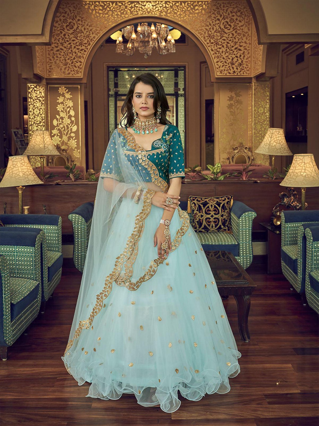 

ODETTE Embellished Sequinned Semi-Stitched Lehenga & Unstitched Blouse With Dupatta, Blue
