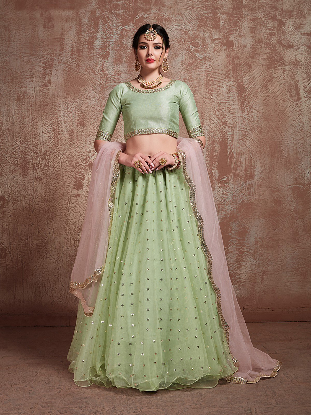 

ODETTE Embroidered Sequinned Semi-Stitched Lehenga & Unstitched Blouse With Dupatta, Green