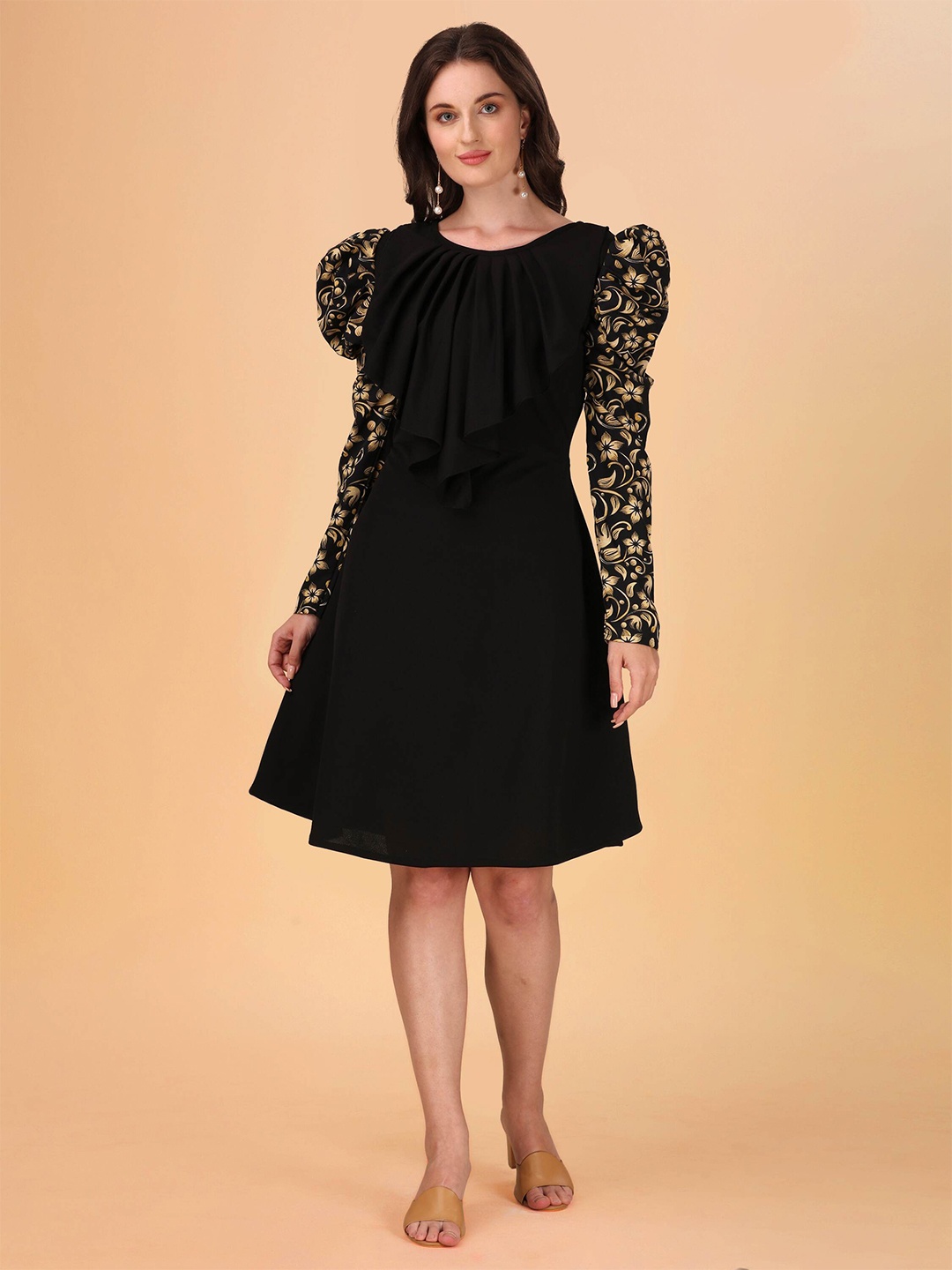 

DL Fashion Floral Printed Juliet Sleeve A-Line Dress, Black