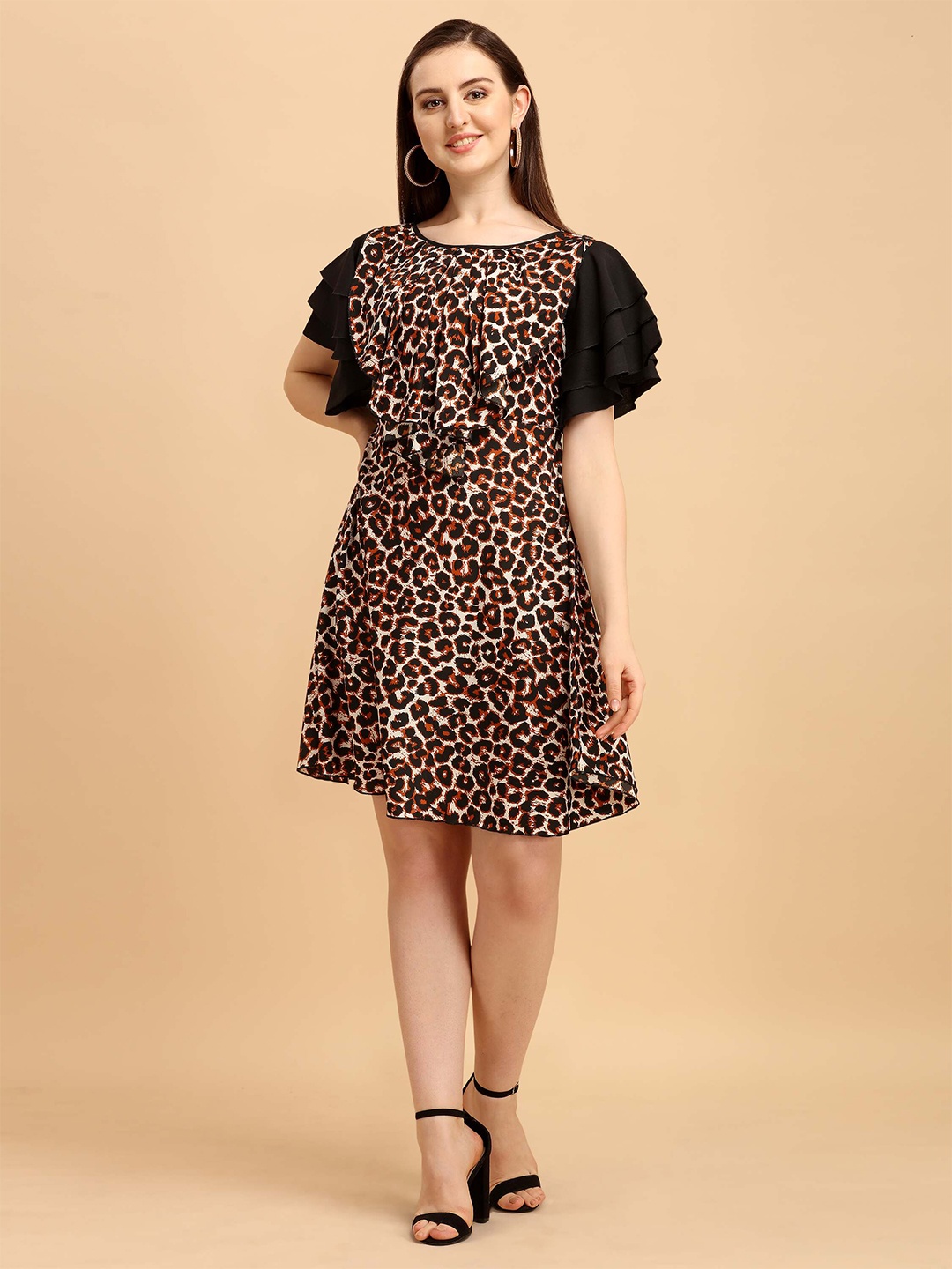 

DL Fashion Animal Printed Ruffled Fit & Flare Dress, Black