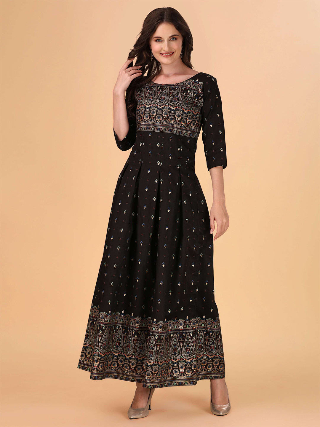 

DL Fashion Ethnic Printed Round Neck Casual Maxi Dress, Black