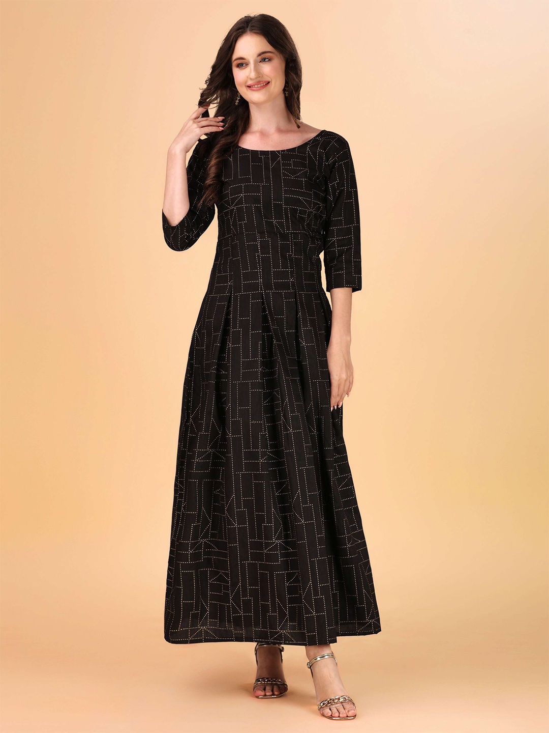 

DL Fashion Geometric Printed Round Neck Maxi Dress, Black