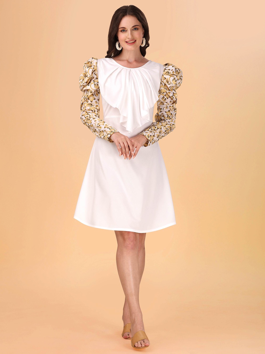 

DL Fashion Long Puff Sleeves Ruffled A-Line Dress, White