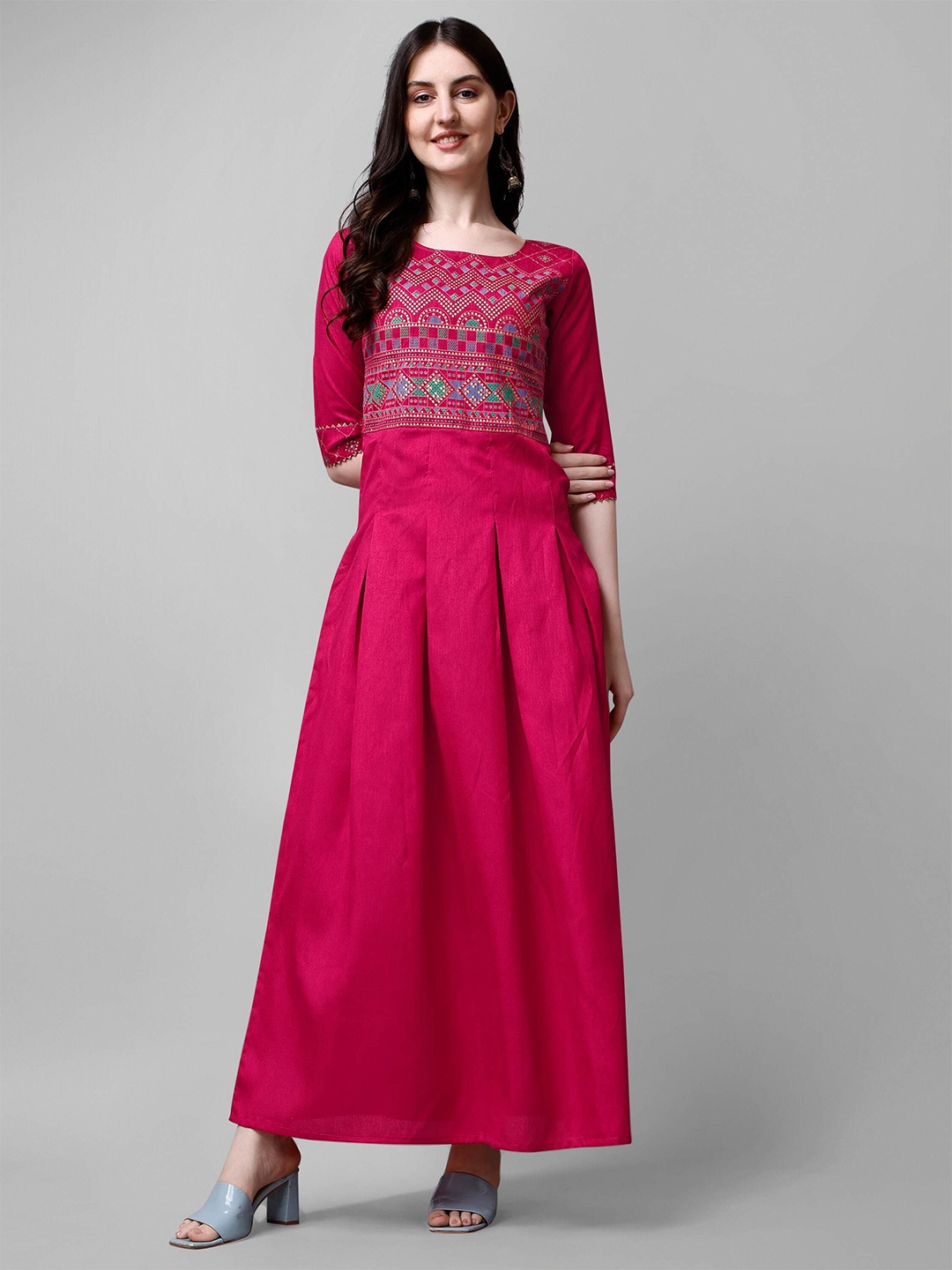 

DL Fashion Ethnic Motifs Printed Embellished A-Line Maxi Dress, Pink