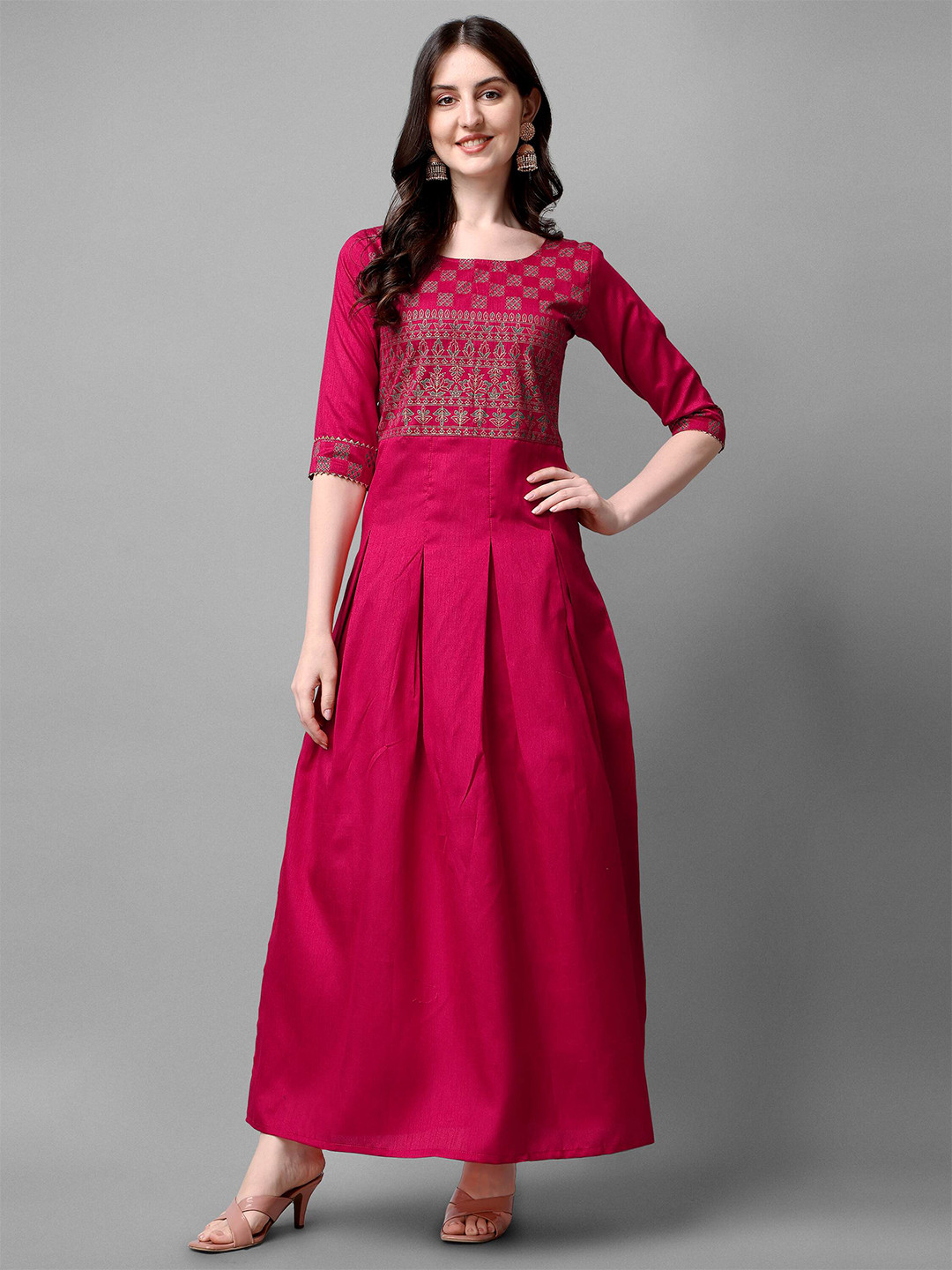 

DL Fashion Ethnic Motifs Printed Round Neck Pleated A-Line Maxi Ethnic Dress, Pink