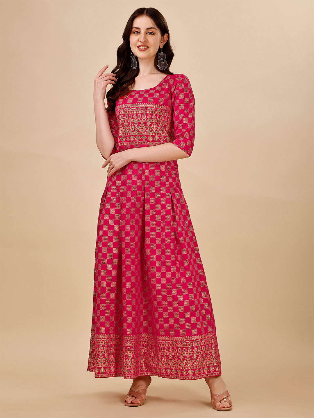 

DL Fashion Ethnic Motifs Printed Pleated Detailed Maxi Ethnic Dress, Pink