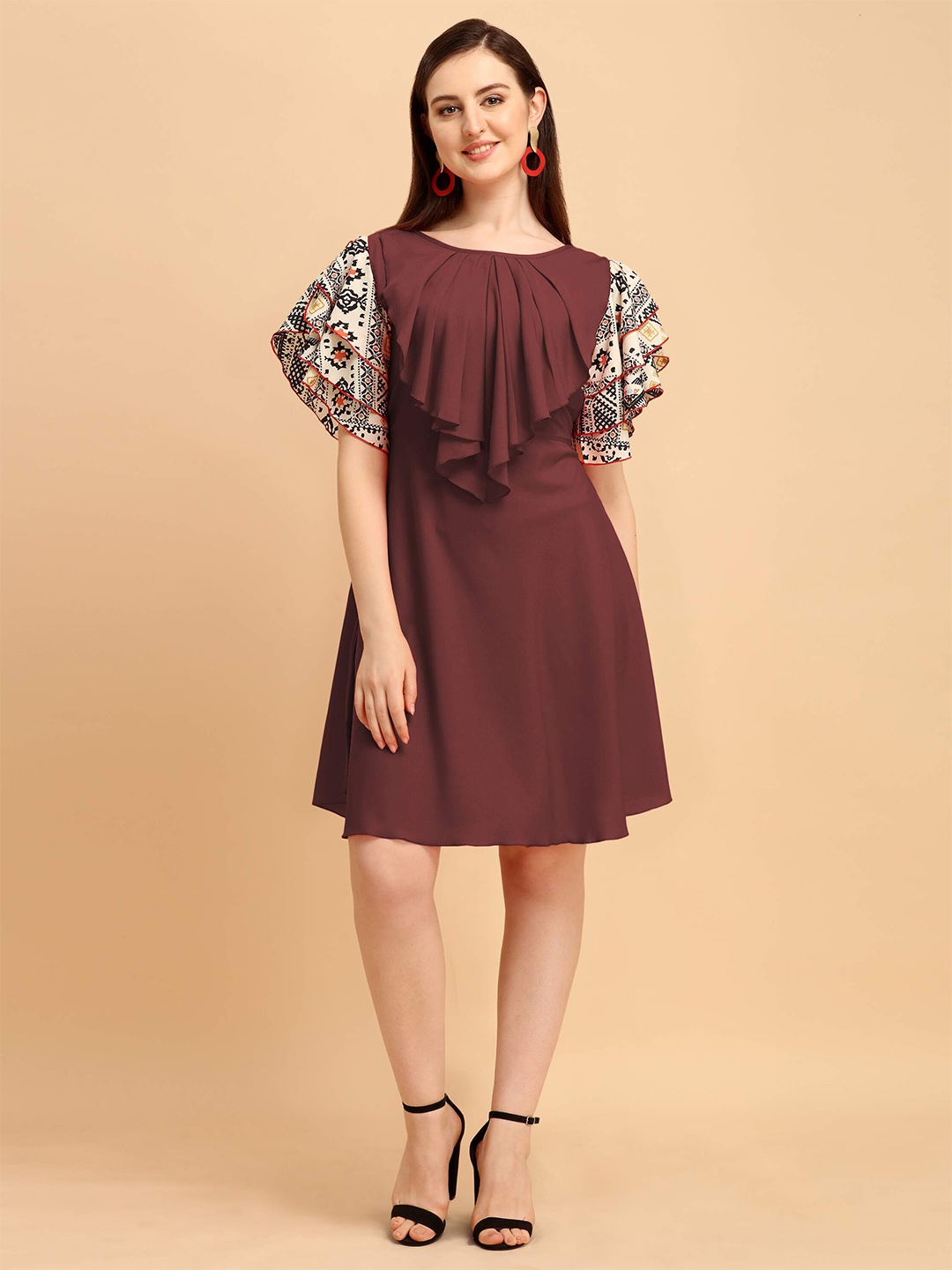 

DL Fashion Round Neck Flutter Sleeves Ruffled Detail Fit & Flare Dress, Brown