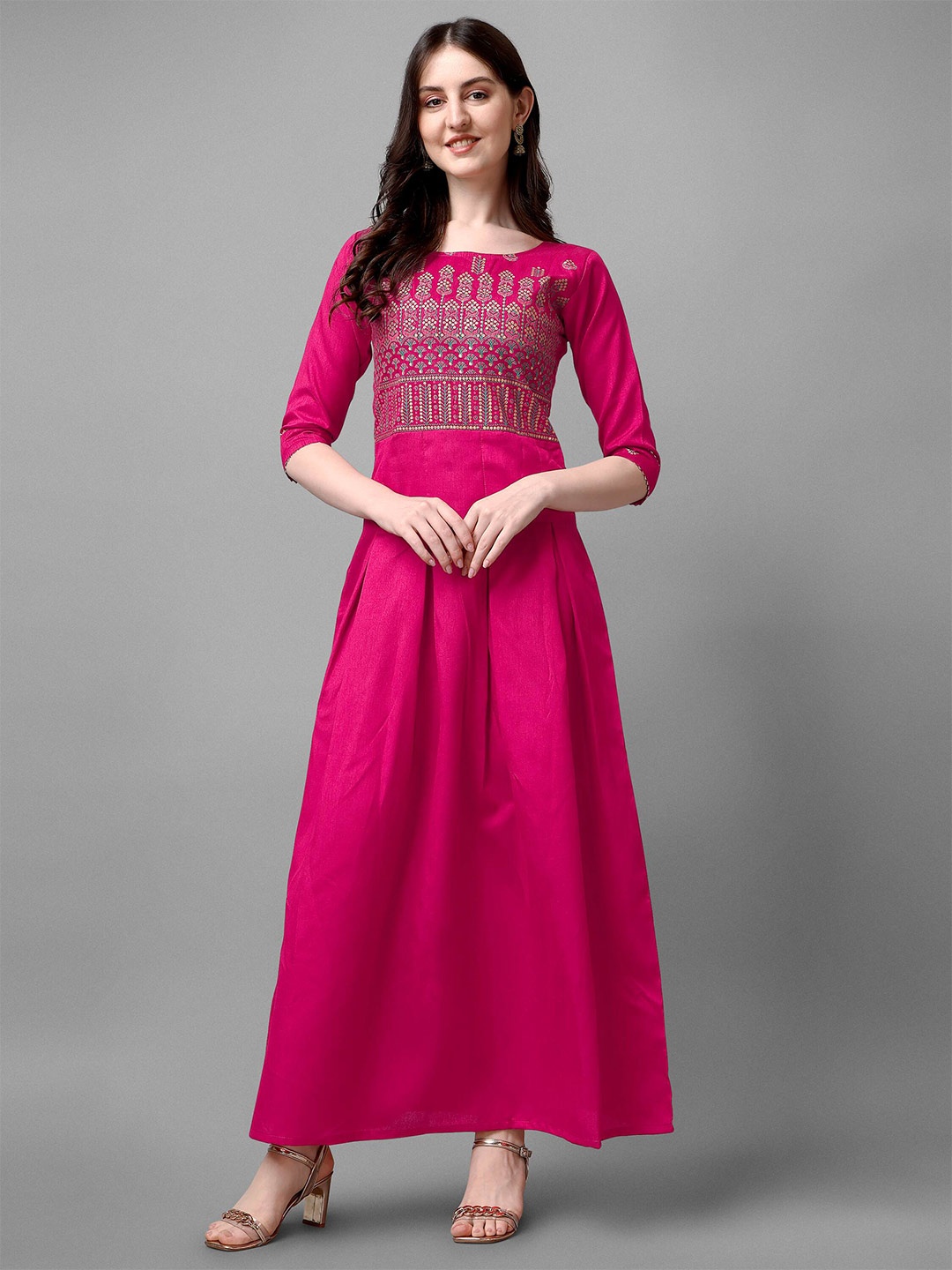 

DL Fashion Ethnic Printed Square Neck Tie-Ups Casual Maxi Dress, Pink