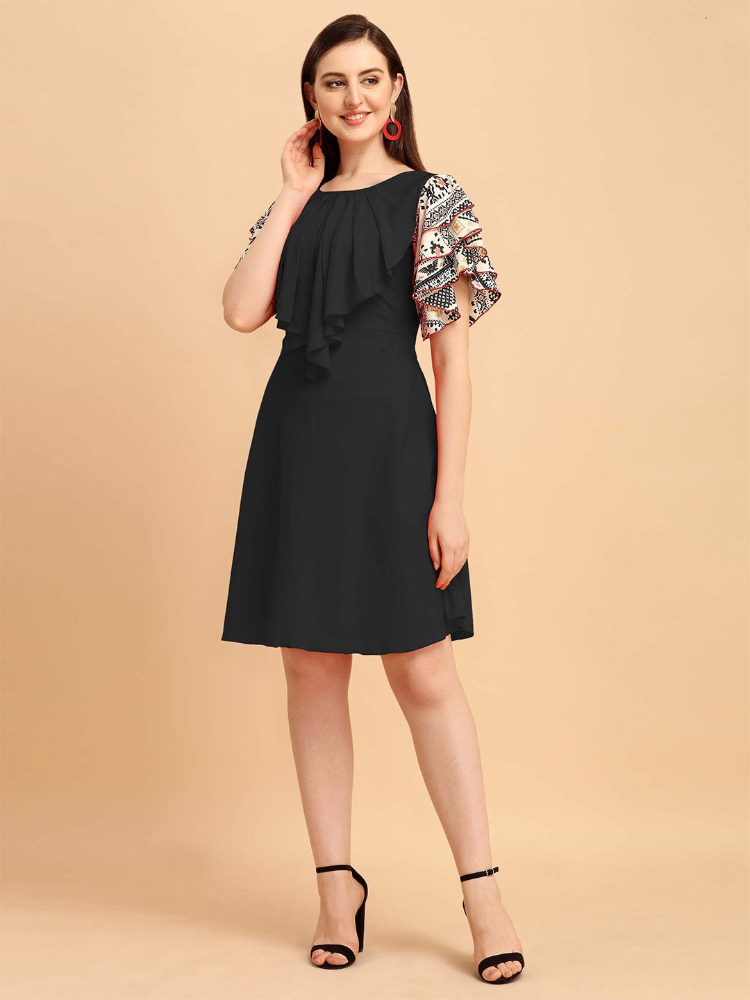 

DL Fashion Round Neck Flutter Sleeve Ruffled A-Line Dress, Black