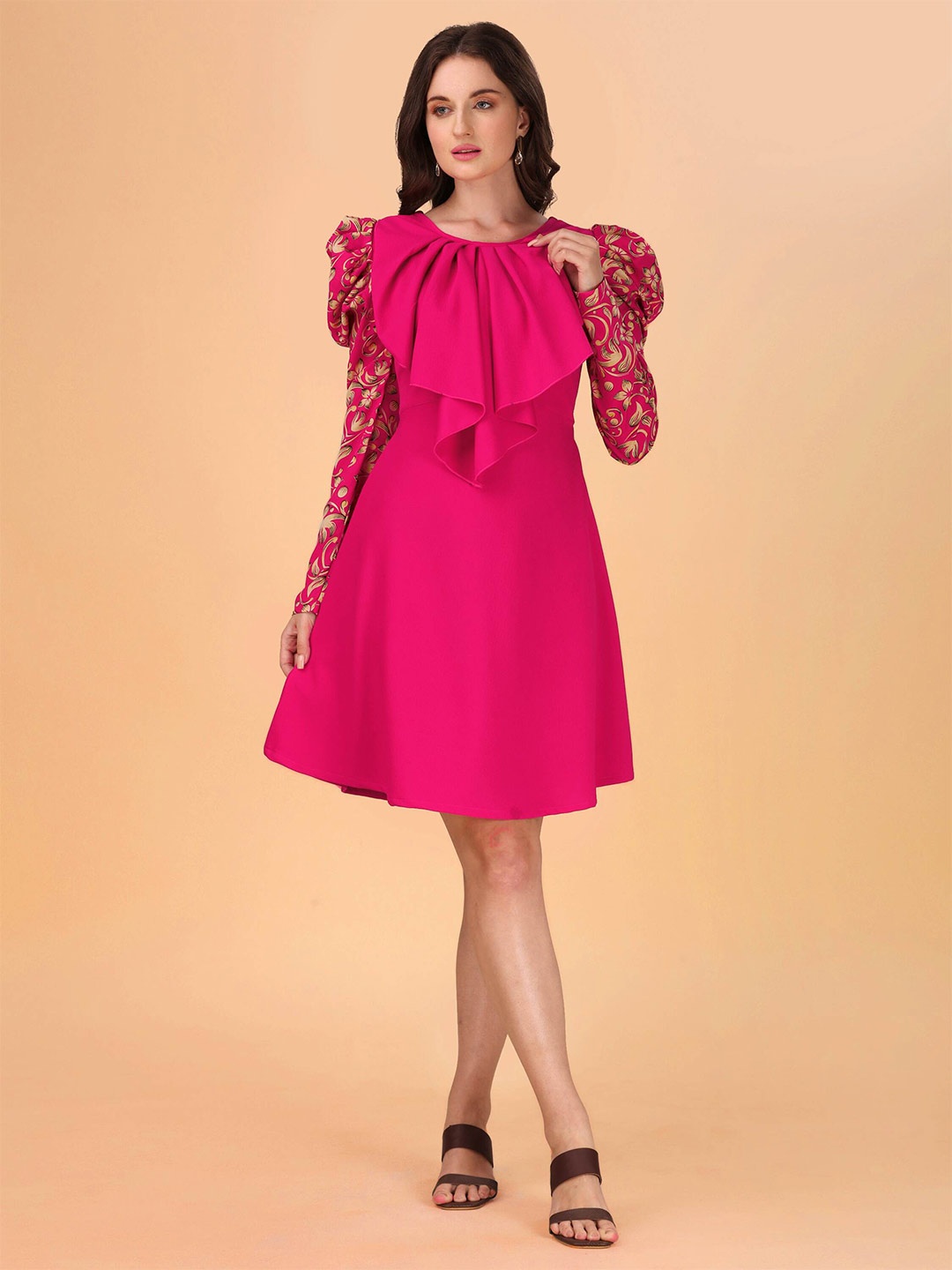 

DL Fashion Round Neck Puff Sleeves Ruffled Detail A-Line Dress, Pink