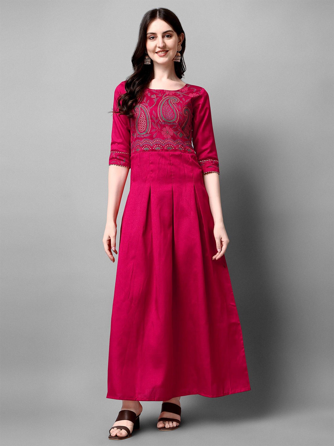 

DL Fashion Ethnic Printed Square Neck Tie-Ups Casual Maxi Dress, Pink