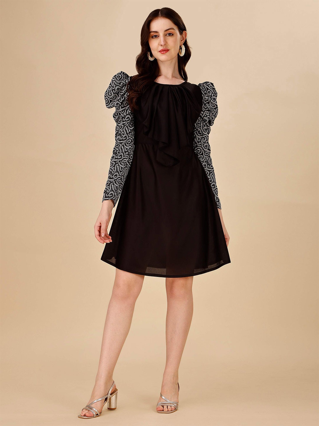 

DL Fashion Round Neck Puff Sleeves Ruffled Detail A-Line Dress, Black