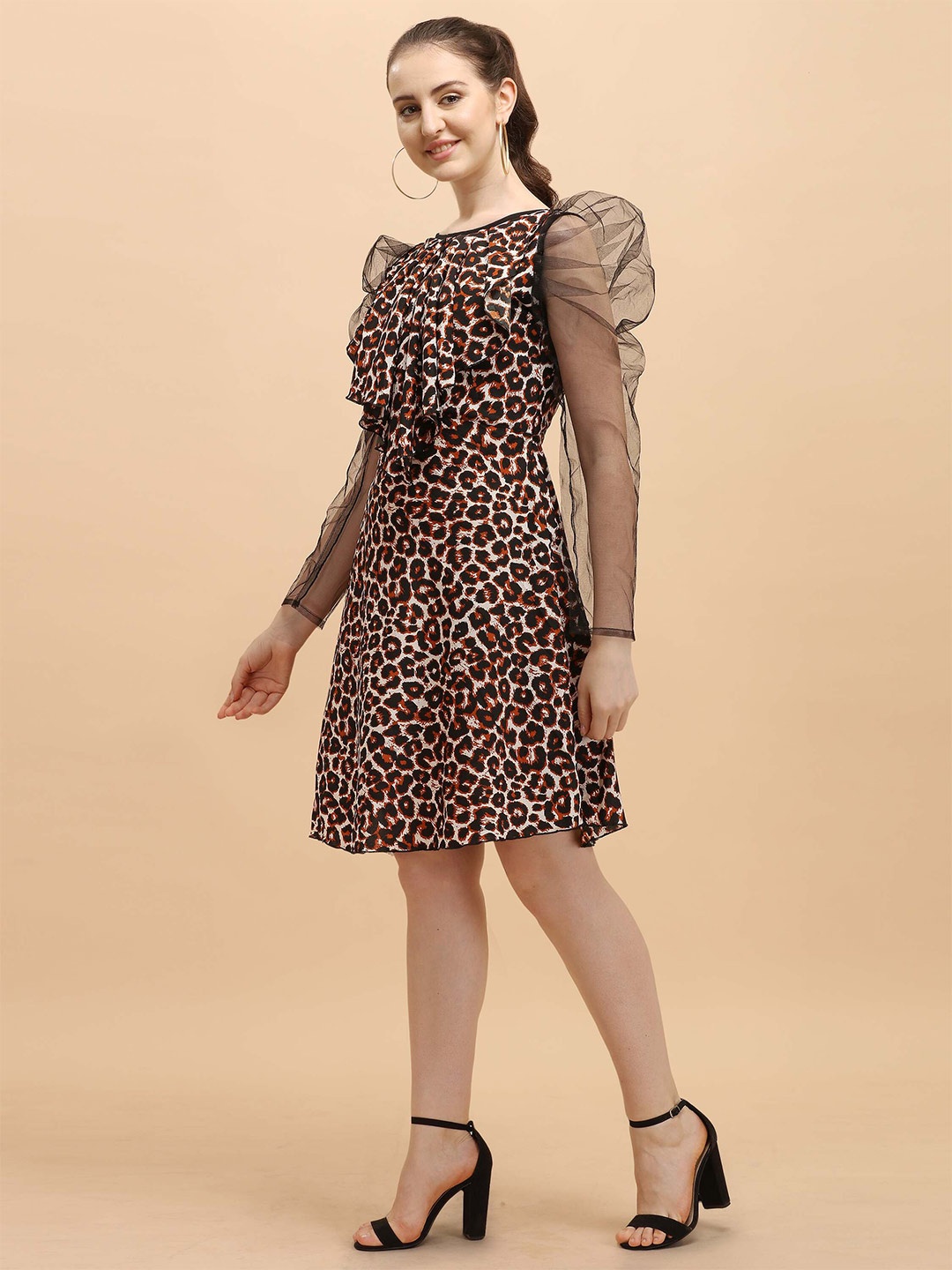 

DL Fashion Animal Printed Puff Sleeve A-Line Dress, Brown