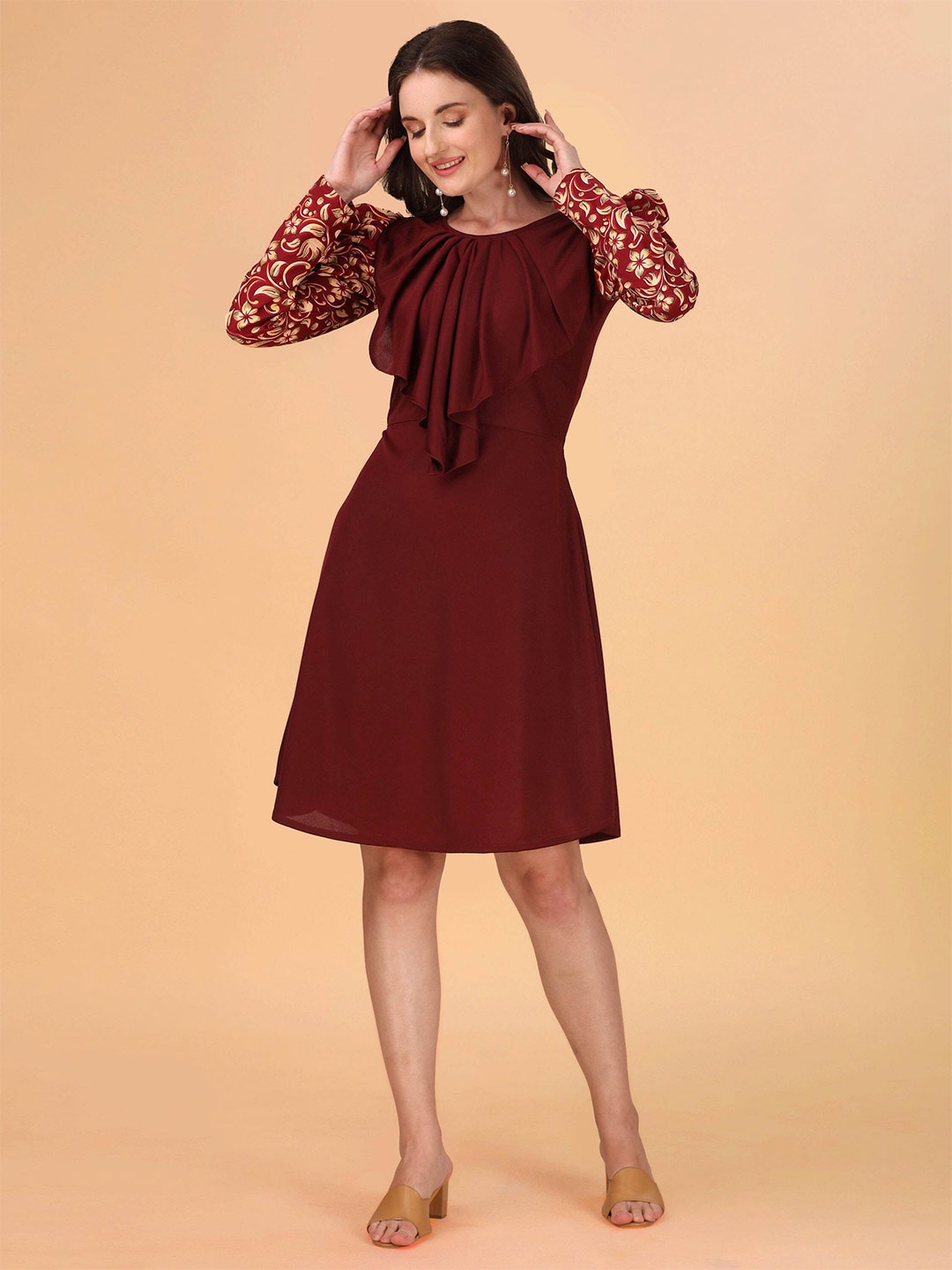 

DL Fashion Round Neck Puff Sleeves Ruffled Fit & Flare Dress, Maroon