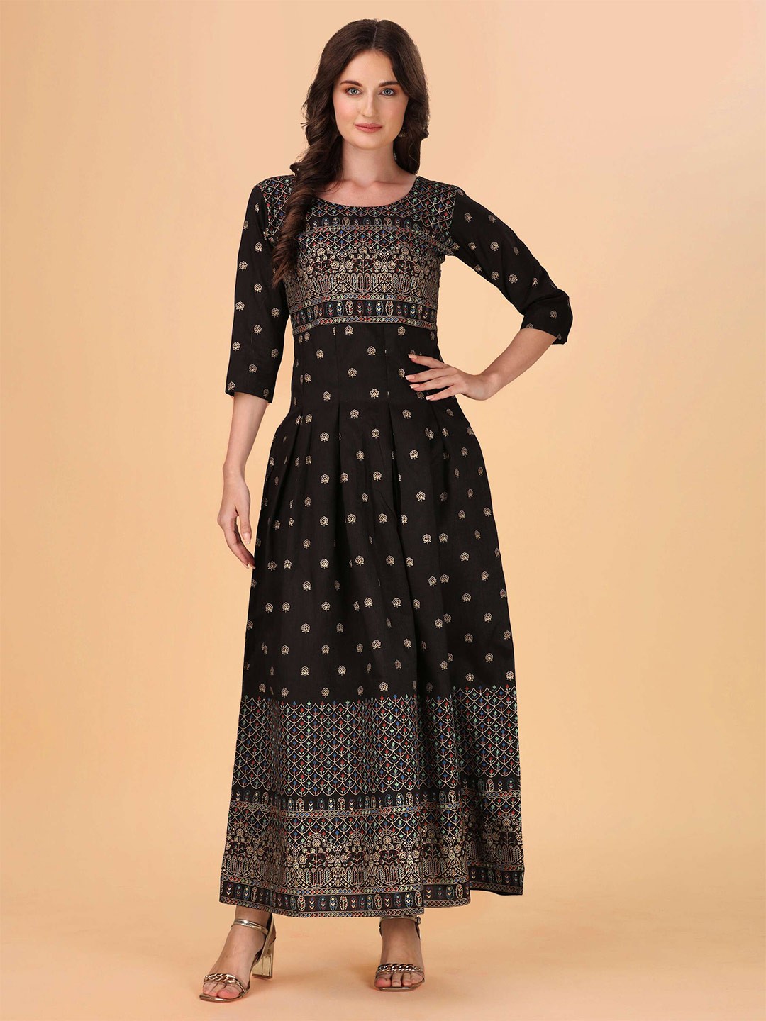 

DL Fashion Ethnic Motifs Printed Embellished A-Line Maxi Dress, Black