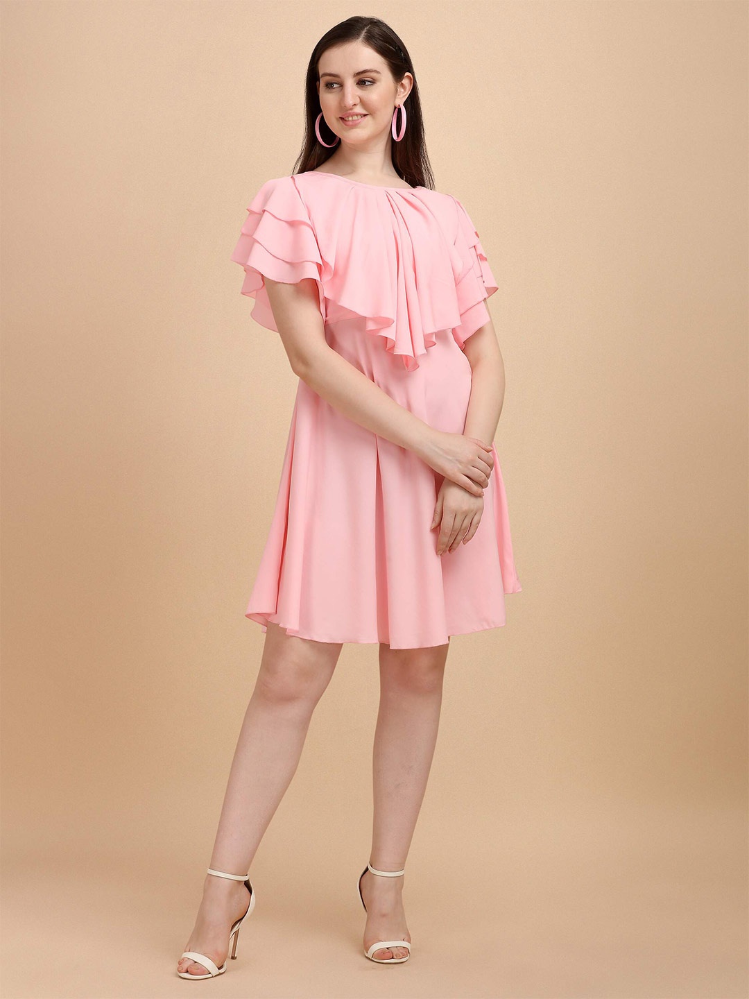 

DL Fashion Ruffled Detailed Flutter Sleeve Fit & Flare Dress, Pink