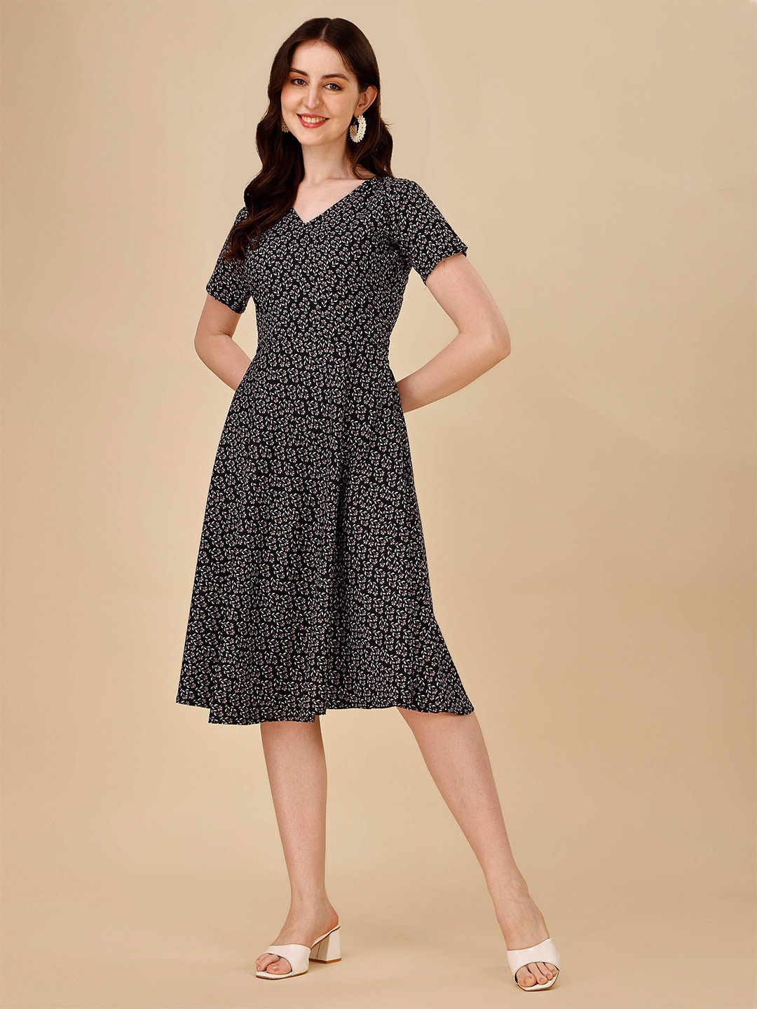 

DL Fashion Floral Printed V-Neck Fit & Flare Dress, Black