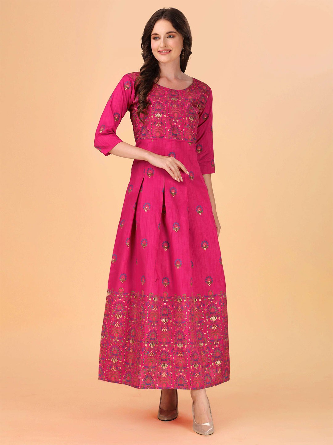 

DL Fashion Ethnic Motifs Printed Pleated Detail A-Line Maxi Dress, Pink