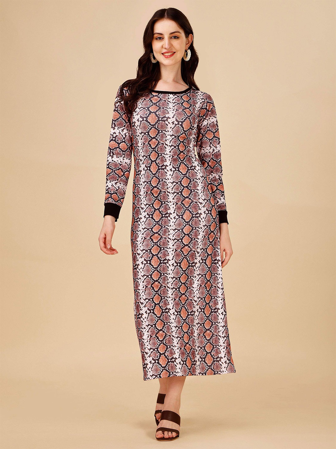 

DL Fashion Abstract Printed Round Neck Tie-Up Detail A-Line Midi Dress, Brown