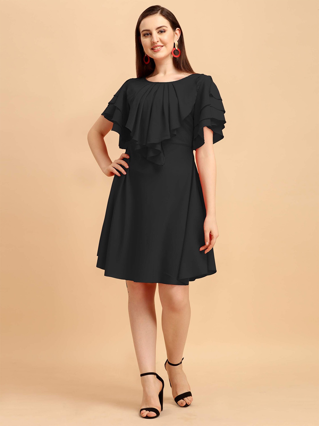 

DL Fashion Flutter Sleeve Ruffled A Line Dress, Black