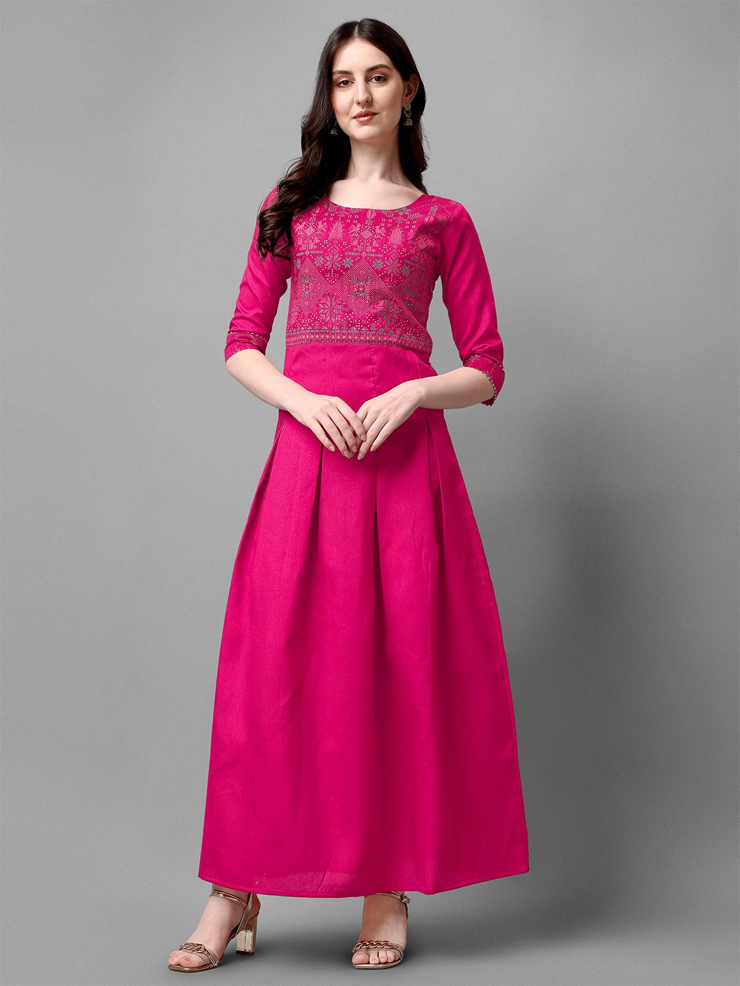 

DL Fashion Ethnic Motifs Pleated Detailed Printed Maxi Ethnic Dress, Pink