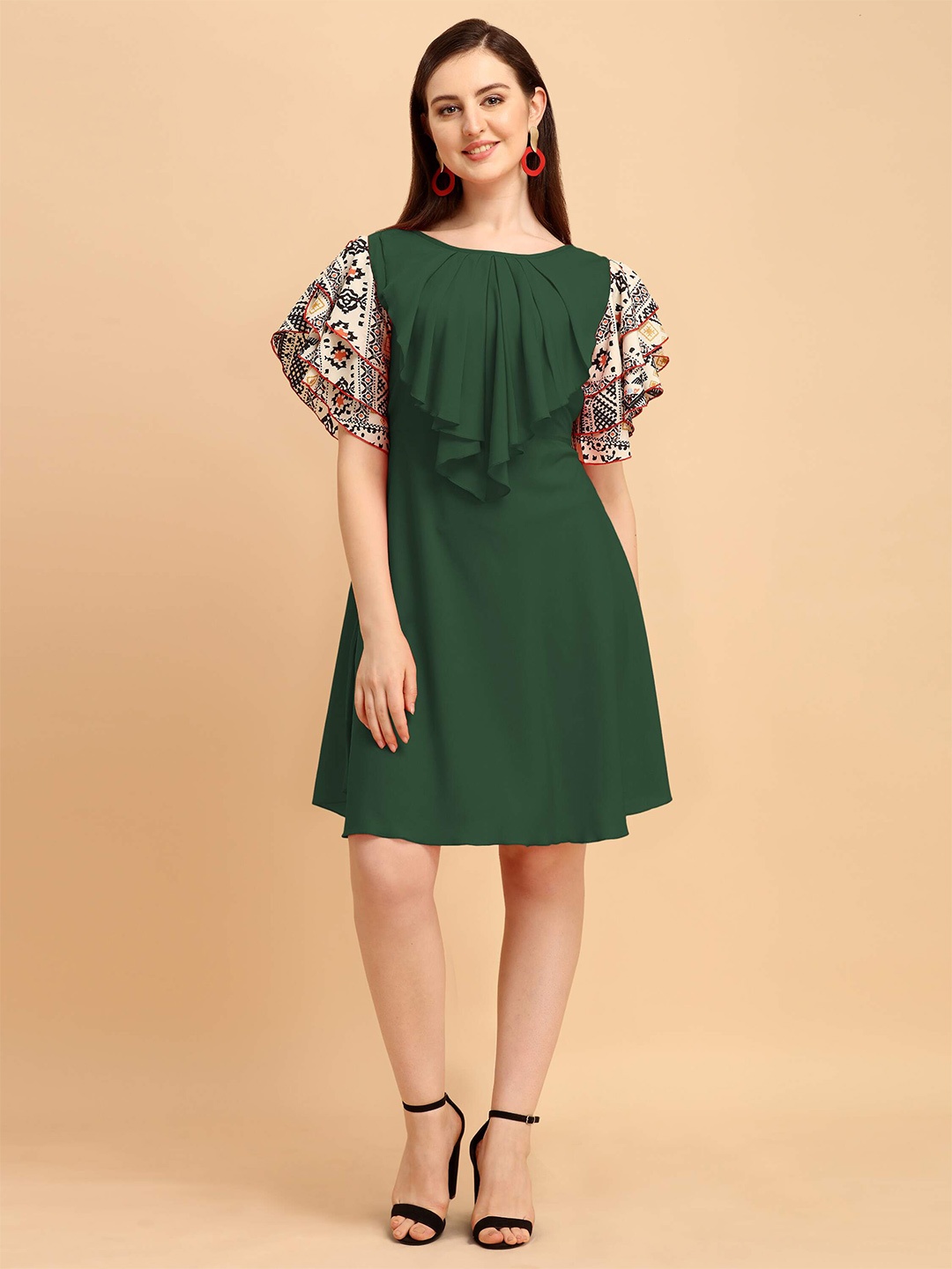 

DL Fashion Round Neck Flutter Sleeve Ruffled A-Line Dress, Green