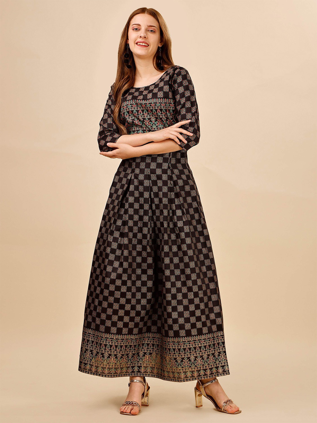 

DL Fashion Ethnic Motifs Printed Pleated Detailed Maxi Ethnic Dress, Black